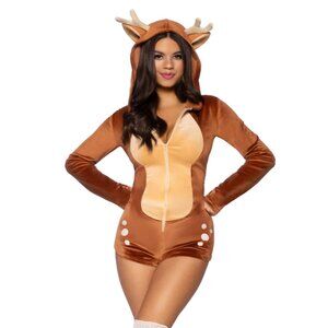 Comfy Fawn Women's Costume – Cozy Plush Velvet Deer Romper with Antlers and Tail